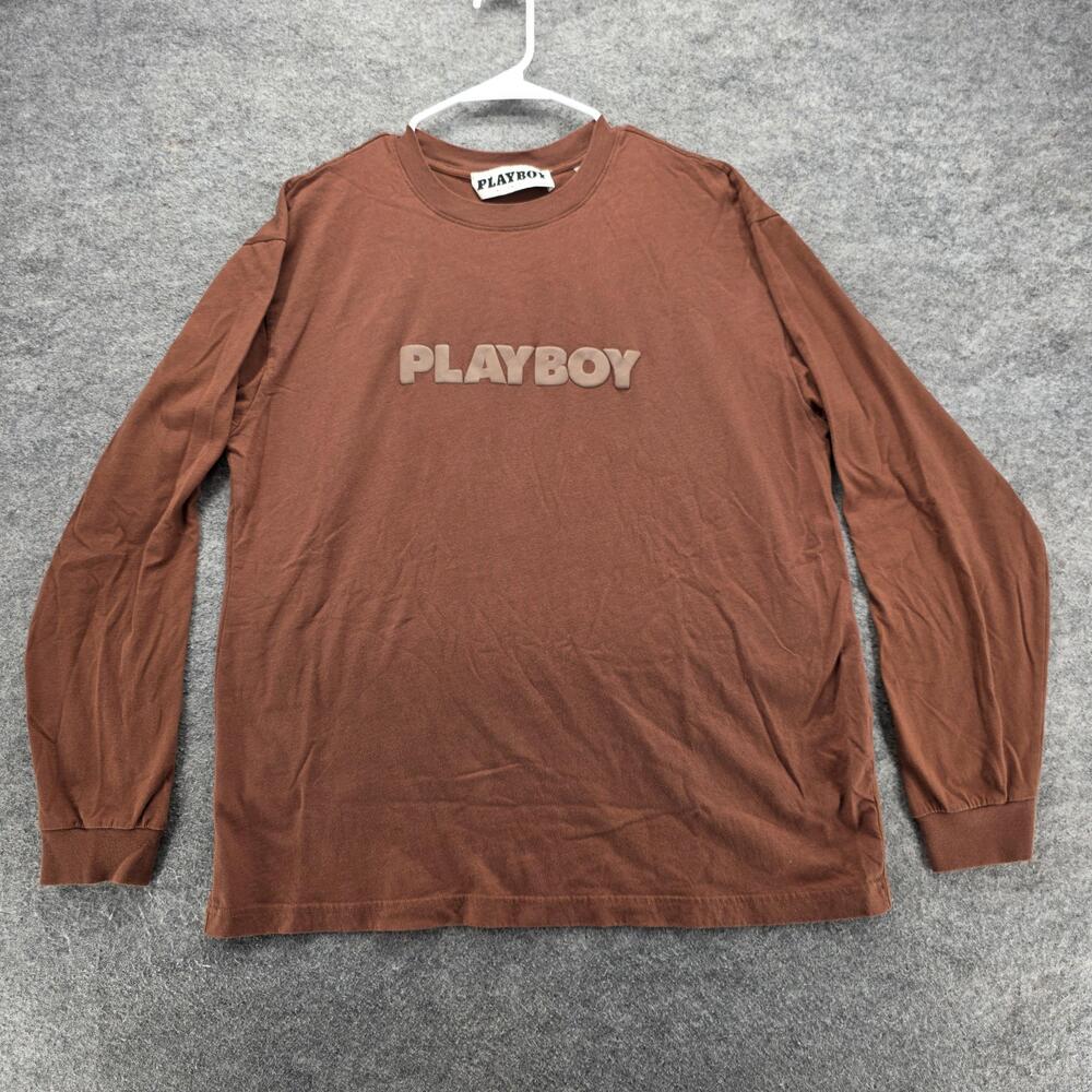 Playboy by PacSun Shirt Mens Large Brown Long Sleeve Crewneck Spell Out Logo